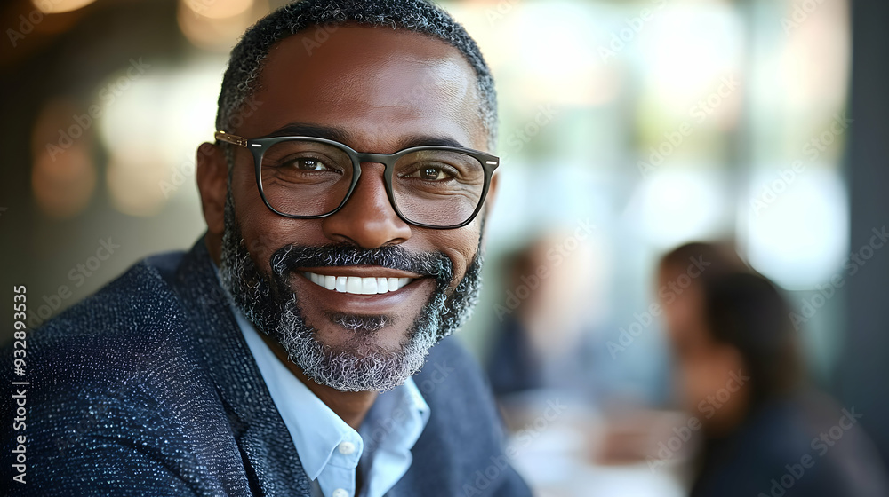 Fototapeta premium Smiling middle-aged man with glasses in a blazer.