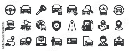 Car rent glyph solid icons collection. Containing content taxi, dealer, automobile, dealer. Minimal icon and symbol series vector illustration