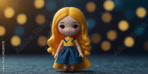 Adorable felt doll in yellow dress on blue background. photo