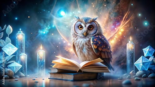 Magical wizard owl with books and crystals on a mystical background, wizard, owl, magic, fantasy, bird, animal photo