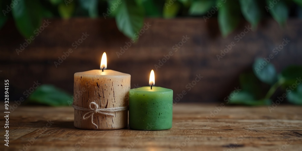 Candles on a wooden surface with green leaves. Candles on a wooden surface with green leaves.
