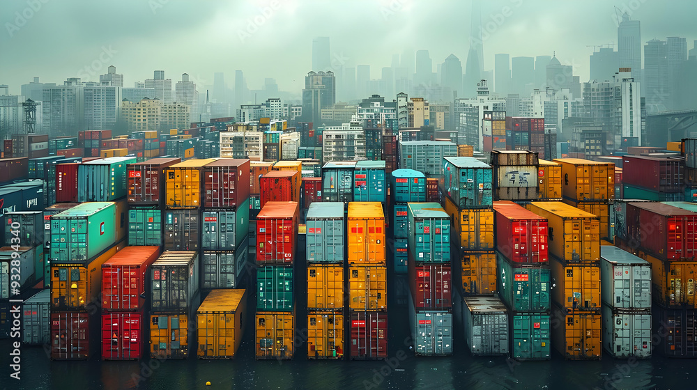 Fototapeta premium Colorful Shipping Containers Stacked High in a City Harbor Illustration