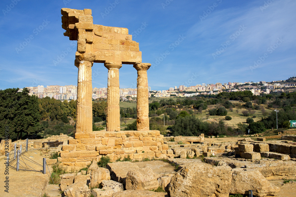 Italy, Sicily, city of Agrigento. Temple ruins of the old city and view of the new one. Italy, Sicily, city of Agrigento. Temple ruins of the old city and view of the new one.
