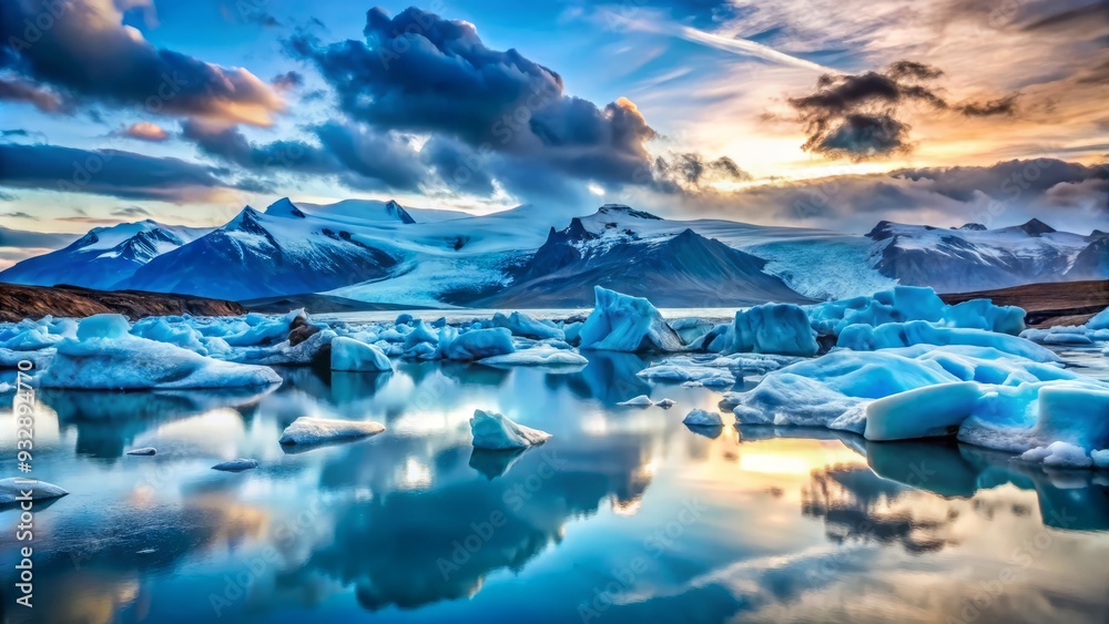 Naklejka premium Glacial Lagoon hvítá Seascapes Dreamy Shallow Depth Intense Blues Dramatic