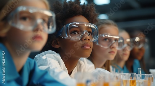 Elementary School Students Sitting Behind a Table in a Group Conducting a Biology Experiment for a Science and Technology Fair Young Boys and Girls Wearing Protective Clothes and Goggl : Generative AI photo