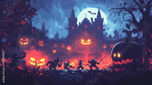 Halloween Pixel Art Castle Night Scene With Characters