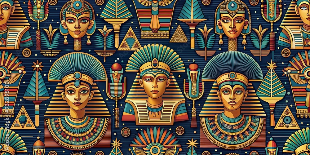 Obraz premium Seamless fabric pattern featuring Egyptian-inspired motifs in a modern pop culture style, Egyptian, seamless, fabric