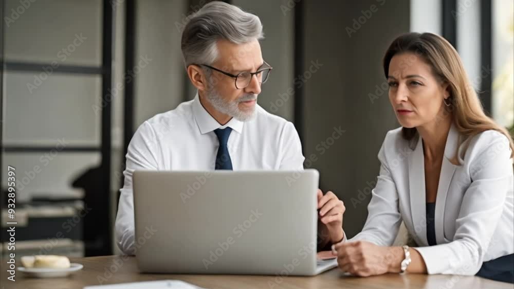Lawyer or real estate agent make consultation for client. Mature Latin business man and European business woman discussing project on laptop sitting at table in office Lawyer or real estate agent make consultation for client. Mature Latin business man and European business woman discussing project on laptop sitting at table in office