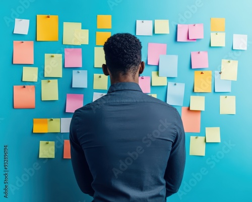 A person standing in front of a colorful wall filled with sticky notes, reflecting on ideas and creativity in a modern workspace.