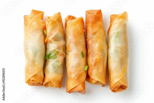 Isolated top view of spring rolls on white background photo