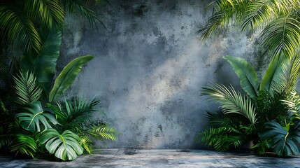 Tropical palm leaves on rustic empty background Jungle garden behind concrete interior wall : Generative AI