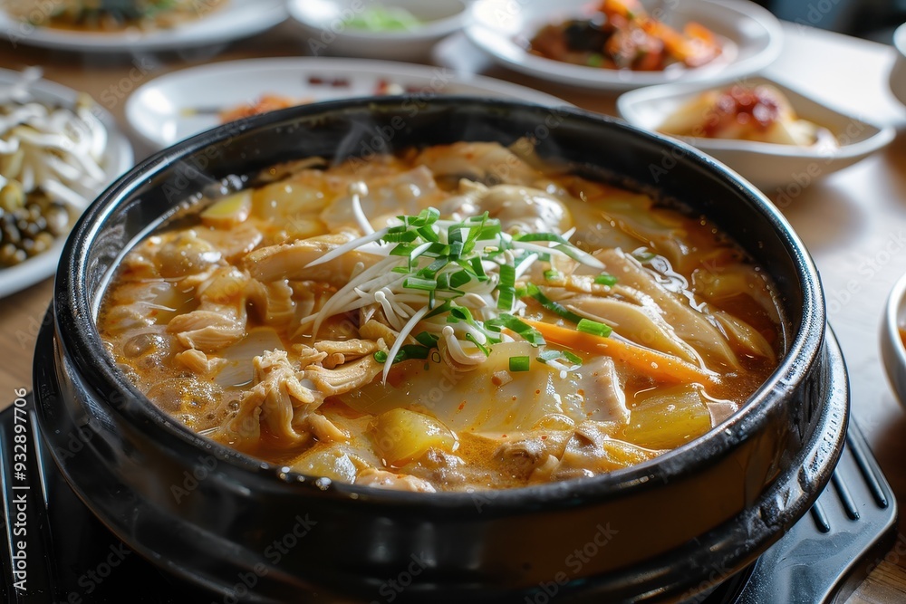 Jeonbok Samgyetang is a soup with ginseng and abalone Jeonbok Samgyetang is a soup with ginseng and abalone
