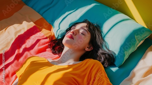 close-up shot of a Japanese woman sleeping peacefully on a colorful bed during the day, wearing a yellow shirt, with vibrant bedding creating a cozy and serene atmosphere in the bright daylight