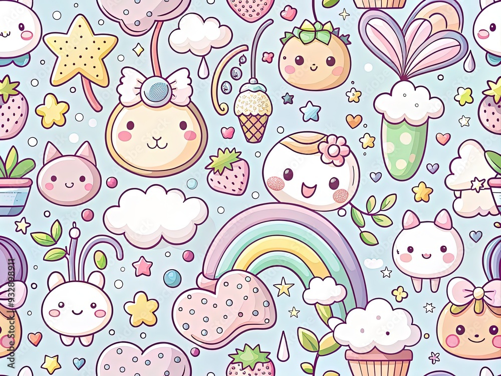 Fototapeta premium Soft, calming colors and adorable illustrations combine to create whimsical designs that evoke a sense of playful wonder.