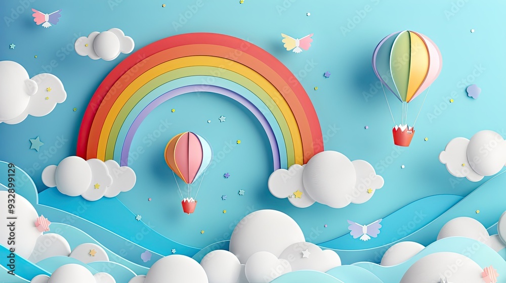 Papercraft Rainbow Landscape with Hot Air Balloons Papercraft Rainbow Landscape with Hot Air Balloons