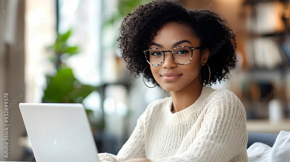Young woman working on laptop with a confident expression.
