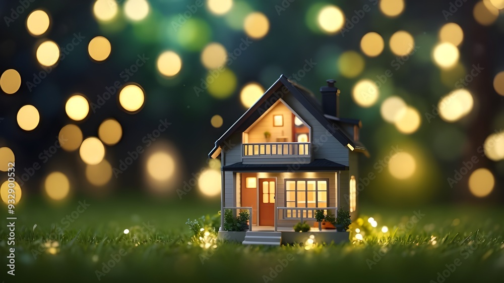 A tiny model home on grass with bokeh lights creating a background that represents the idea of a comfortable home