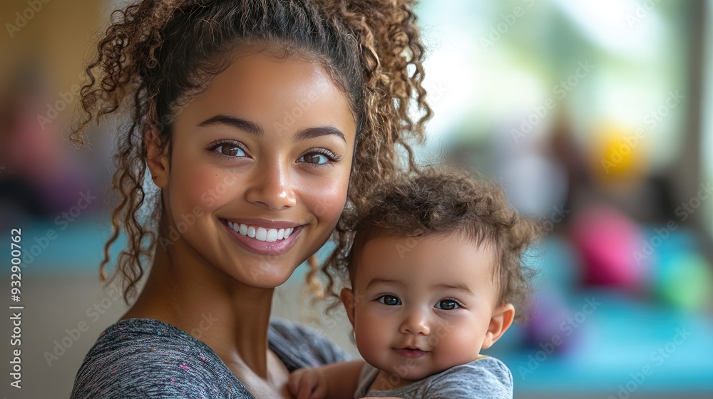 Fototapeta premium mother smiling at baby while performing exercise above group exercise class fitness or pilates for parents moms staying active while boding,babies-standard-scale-_x.jpeg