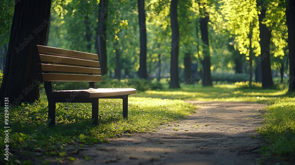 Tranquil wooden bench along the path of a city park Grove of mature deciduous trees with green lawn make it a magical place to rest : Generative AI Tranquil wooden bench along the path of a city park Grove of mature deciduous trees with green lawn make it a magical place to rest : Generative AI