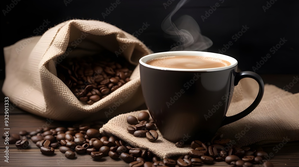 Morning routine concept : frothy cup of coffee with coffee beans and a linen bag around it on a dark wooden backdropcoffee with coffee beans and a linen bag around it on a dark wooden backdrop Morning routine concept : frothy cup of coffee with coffee beans and a linen bag around it on a dark wooden backdropcoffee with coffee beans and a linen bag around it on a dark wooden backdrop