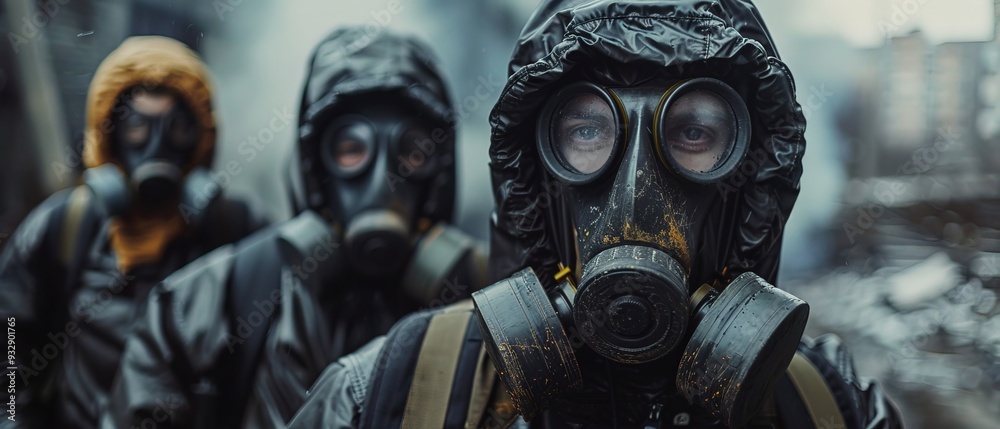 Men in protective workwear, armed forces, gas masks, protect against danger Men in protective workwear, armed forces, gas masks, protect against danger