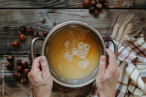 Making chestnut cream at home on a wooden table photographed from above photo