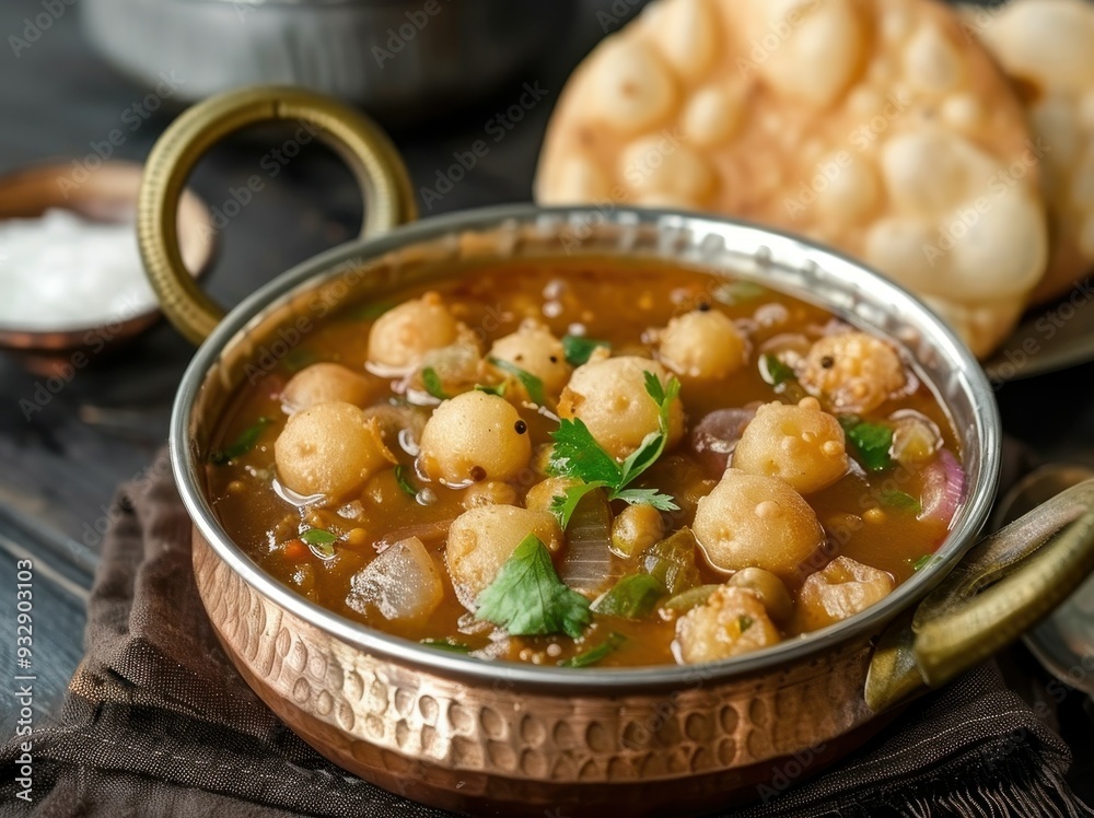 Punjabi Chole masala with poori in lunch box selective focus Punjabi Chole masala with poori in lunch box selective focus