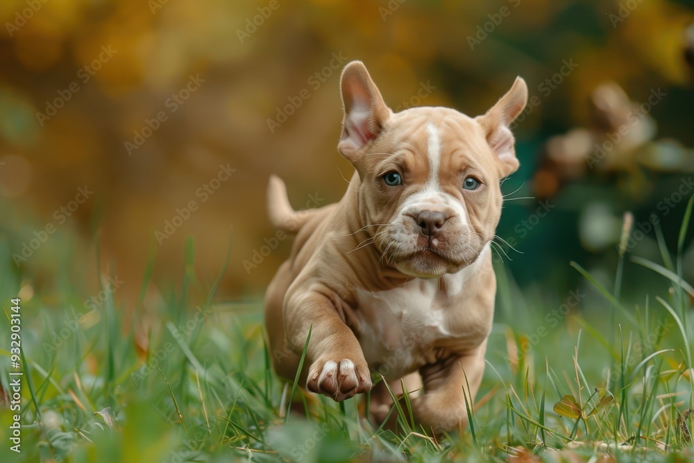 Purebred beige American Bully puppy running in green grass