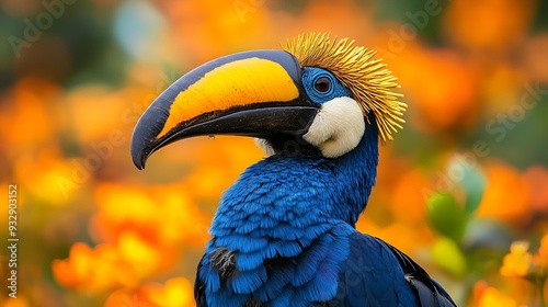 Portrait of colourful hornbill native to Indonesia  Knobbed Hornbill Aceros cassidix Huge bird with gold bristled feathers on the blue neck blurred orange flowers in background  Bird o : Generative AI photo