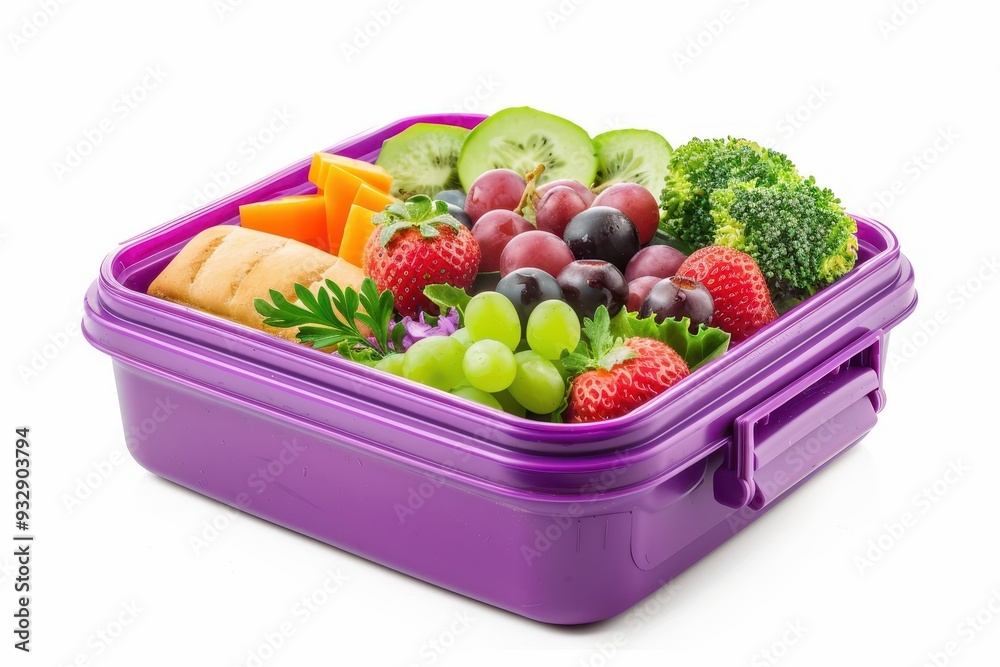 Purple lunch box alone on white background for school meals Purple lunch box alone on white background for school meals