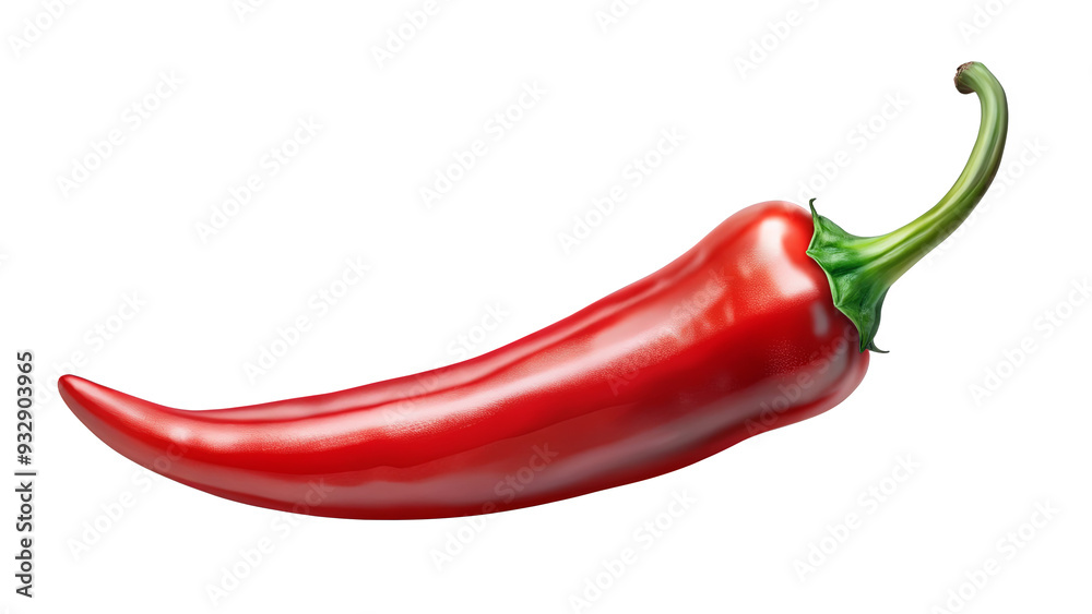 A bright red chili pepper lies on a white surface, highlighting its glossy skin and curvilinear shape under natural light A bright red chili pepper lies on a white surface, highlighting its glossy skin and curvilinear shape under natural light
