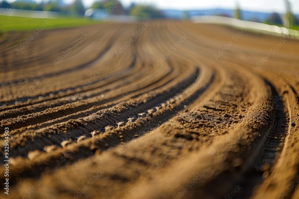 Naklejka premium Ready for running on smooth grooved soil track for horse racing training