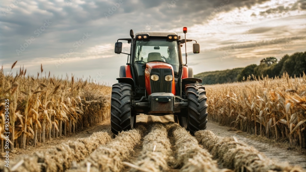 Obraz premium Red Tractor Driving Through a Field of Hay Bales
