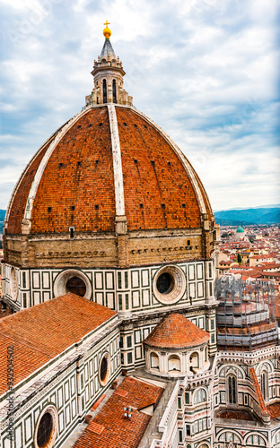 Dome with golden cross, Florence Cathedral, Florence, Italy. Finished 1400's. Formal name Cathedral di Santa Maria del Fiore.