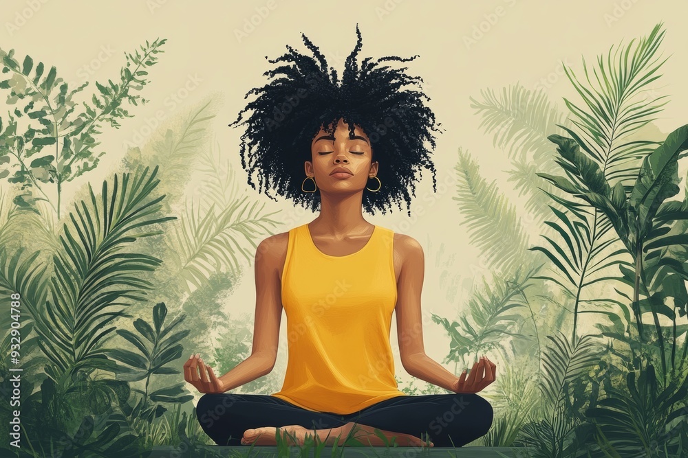 custom made wallpaper toronto digital A Gen Z individual meditating at their work desk, surrounded by plants and calming colors, symbolizing a balanced approach to work and mental health. Generative AI