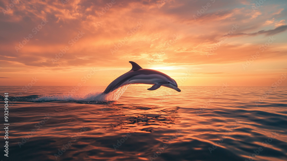 Naklejka premium dolphin breaching the surface of the water during a vibrant sunset, with the sky painted in hues of orange and pink,