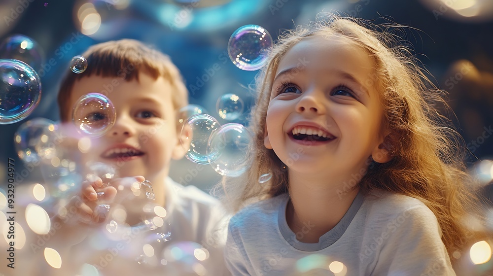 Little girl and boy make soap bubbles while playing together and having fun in a science museum Concept of childrens entertainment and learning : Generative AI Little girl and boy make soap bubbles while playing together and having fun in a science museum Concept of childrens entertainment and learning : Generative AI