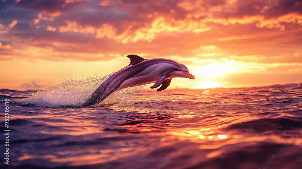 Obraz premium dolphin breaching the surface of the water during a vibrant sunset, with the sky painted in hues of orange and pink,