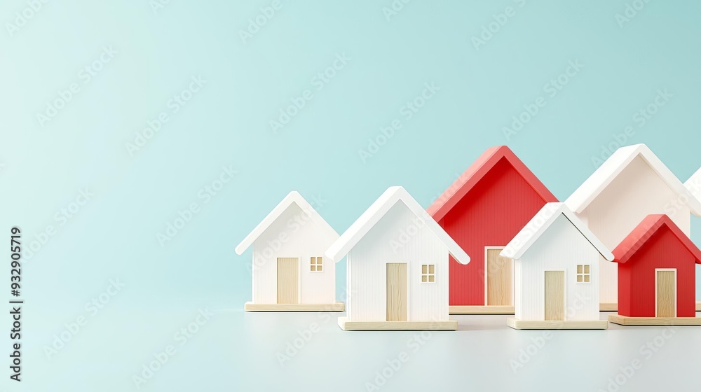 Cluster of 3D houses with a focus on one, sales demand visualization in minimalist design Cluster of 3D houses with a focus on one, sales demand visualization in minimalist design