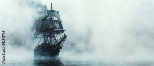 Mysterious Old Sailing Ship in Dense Fog on Calm Waters