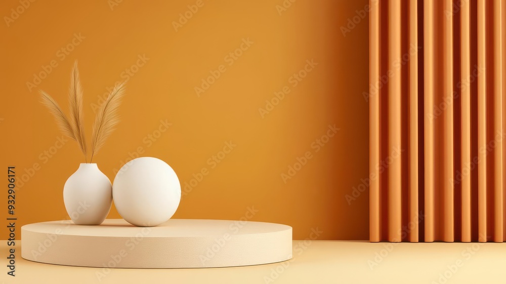 Fototapeta premium Minimalist orange room with podium and vase for product display.