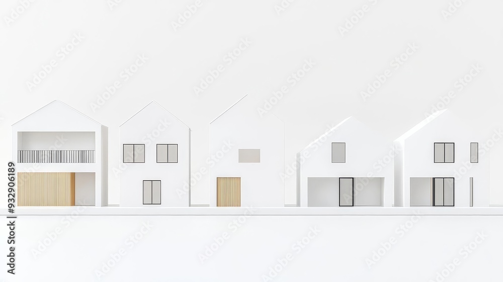 Series of 3D minimalist homes with one standing out, demand-driven selection concept
