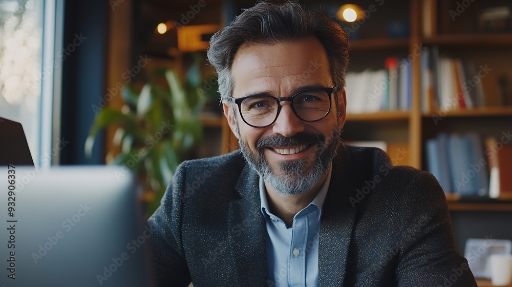 Smiling male business person using digital technology in a home office He is sitting at the desk and looking through the window : Generative AI Smiling male business person using digital technology in a home office He is sitting at the desk and looking through the window : Generative AI