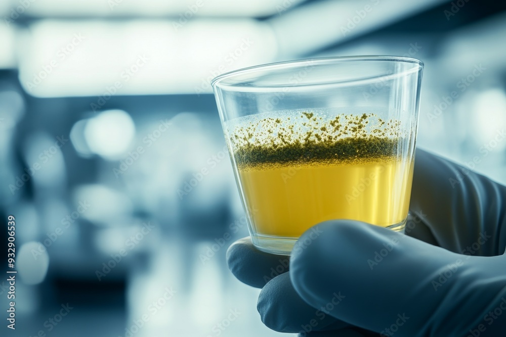Scientist holding a beaker with yellow liquid in a sterile laboratory symbolizing the meticulous research and study in chemical analysis and biotechnology Scientist holding a beaker with yellow liquid in a sterile laboratory symbolizing the meticulous research and study in chemical analysis and biotechnology