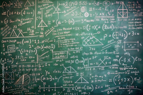 Chalkboard Full of Math Equations, Green Background, Academic Theme