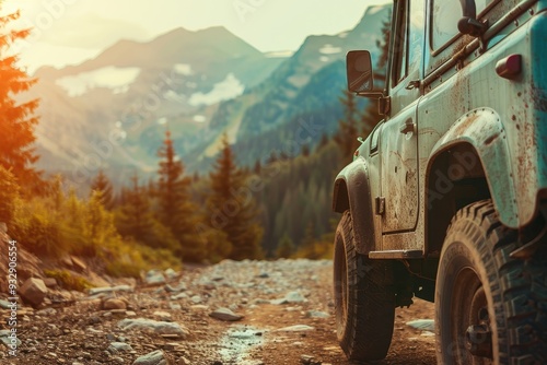 Retro off road truck on scenic mountain road Adventure vacation wallpaper