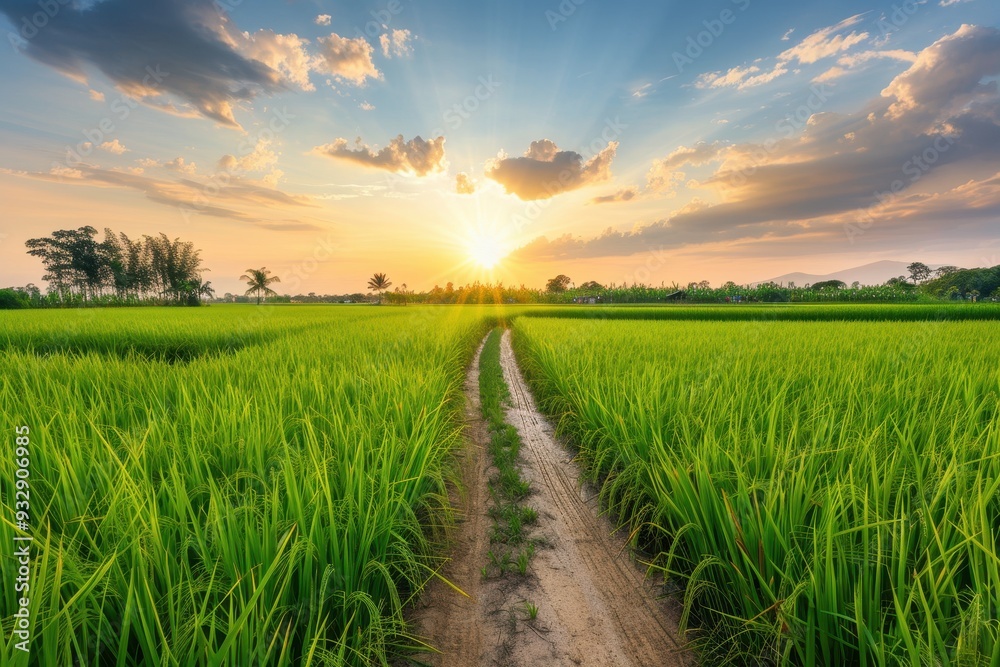Fototapeta premium Rice field next to dirt road at sunset in rural Thailand