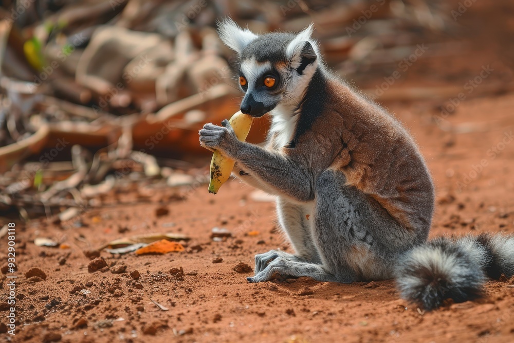 Ring tailed Lemur sitting on red dirt track eating banana with striped tail orange eyes Madagascar Nosy Soa Park Ring tailed Lemur sitting on red dirt track eating banana with striped tail orange eyes Madagascar Nosy Soa Park