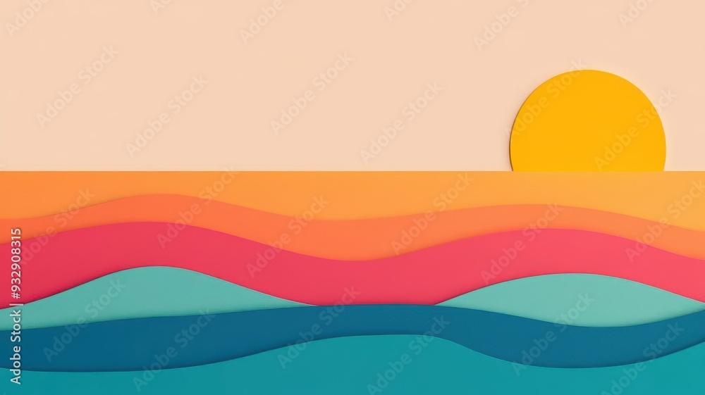 Abstract paper cut out sunset over ocean waves Abstract paper cut out sunset over ocean waves