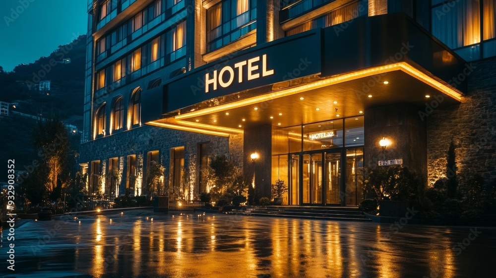 Night Front View of Luxury Hotel Entrance, Night Front View of Luxury Hotel Entrance,